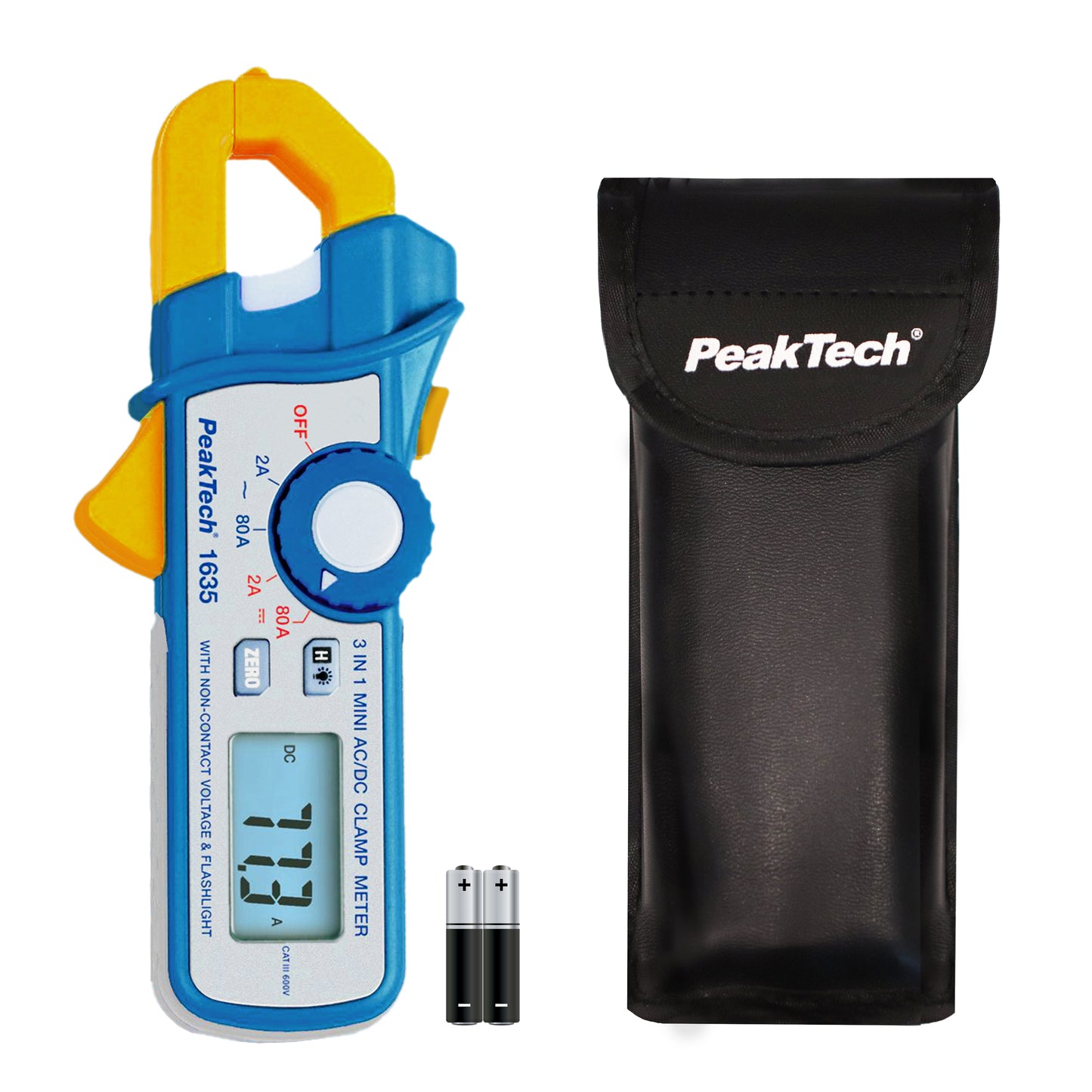 PeakTech 1635 lækage tangamperemeter og et sort etui med to batterier.