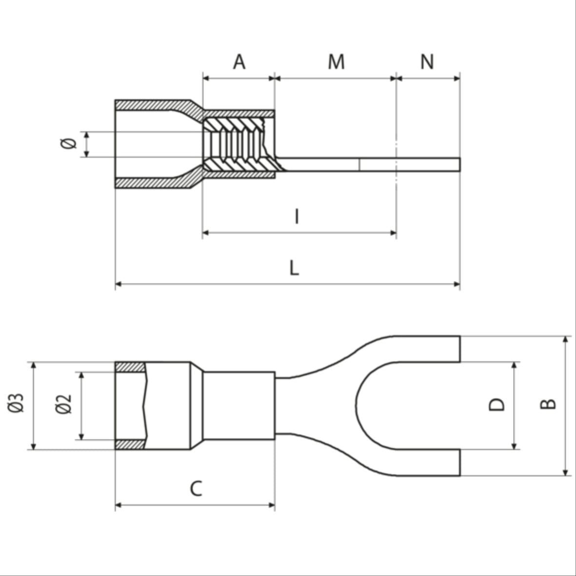 Insulated fork cable lug 10mm-Ø4mm