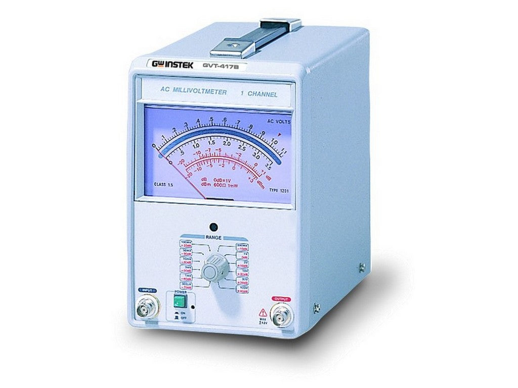 GW Instek GVT-417B AC Millivoltmeter 1-kanal analog, frontpanel og display.