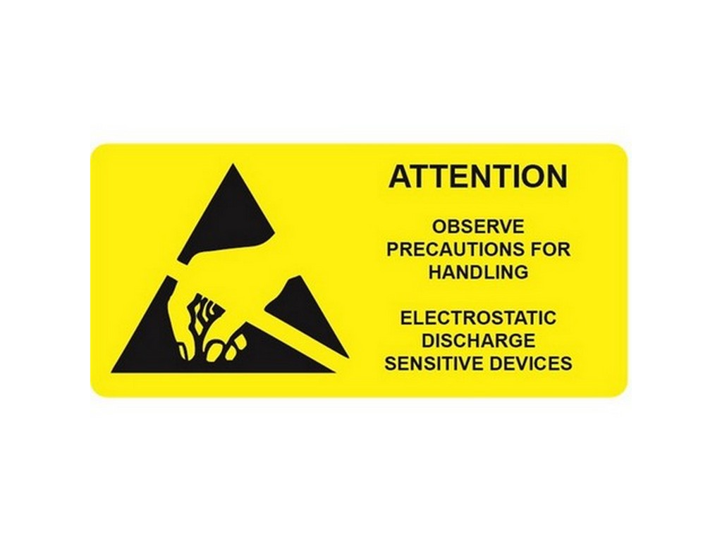 ESD-advarselslabel 76x38mm med symbol og tekst for elektrostatisk afladning