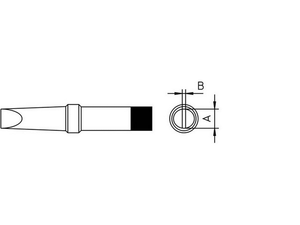 Måltegning af loddespids, 425°C, 1,6mm, skruetrækker-formet, viser dimensioner A og B