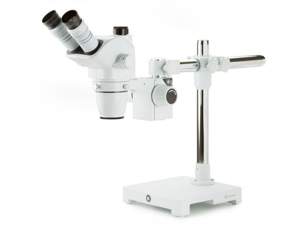 Mikroskop, zoom 1:6.7 ratio binocular med justerbar stativ på hvid baggrund