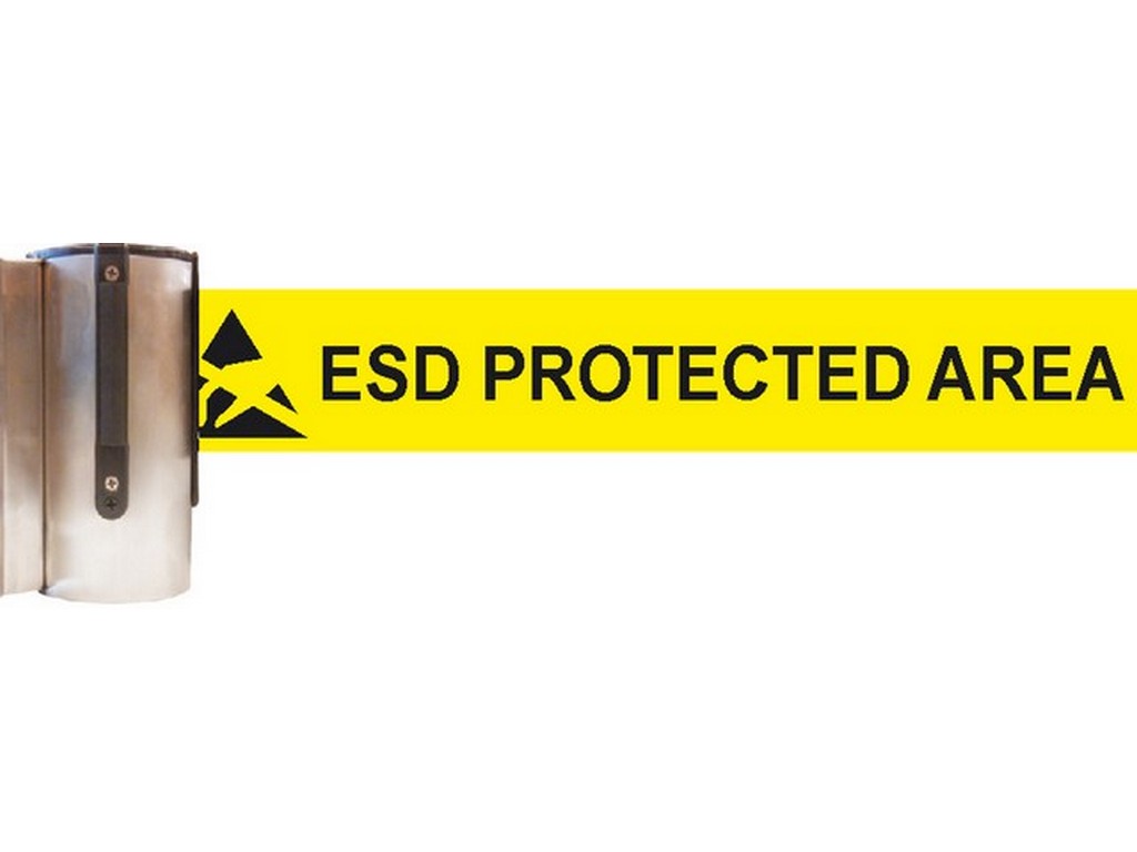 ESD afskærmningsbånd med teksten "ESD PROTECTED AREA" på gul baggrund