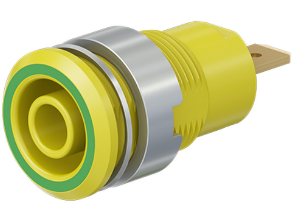 Bøsning SLB4-F forgyldt gul/gr CAT III 1000V 24A m/fladstik 4,8x0,8