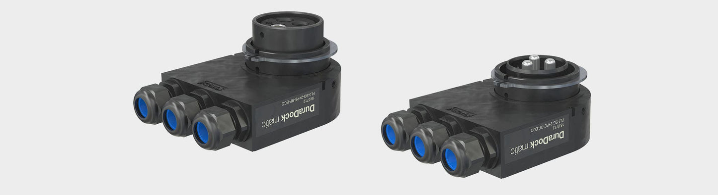 Stäubli DuraDock matic multi connectors med blå MVS blindpropper til tætning af kontaktpositioner.