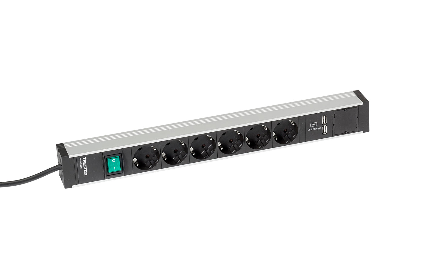 Power rail 468mm 6 sockets+switch+2xUSB O.B.S. Shuko stik