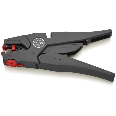 Knipex 12 40 200 selvjusterende afisoleringstang i sort plast med røde justeringsknapper.