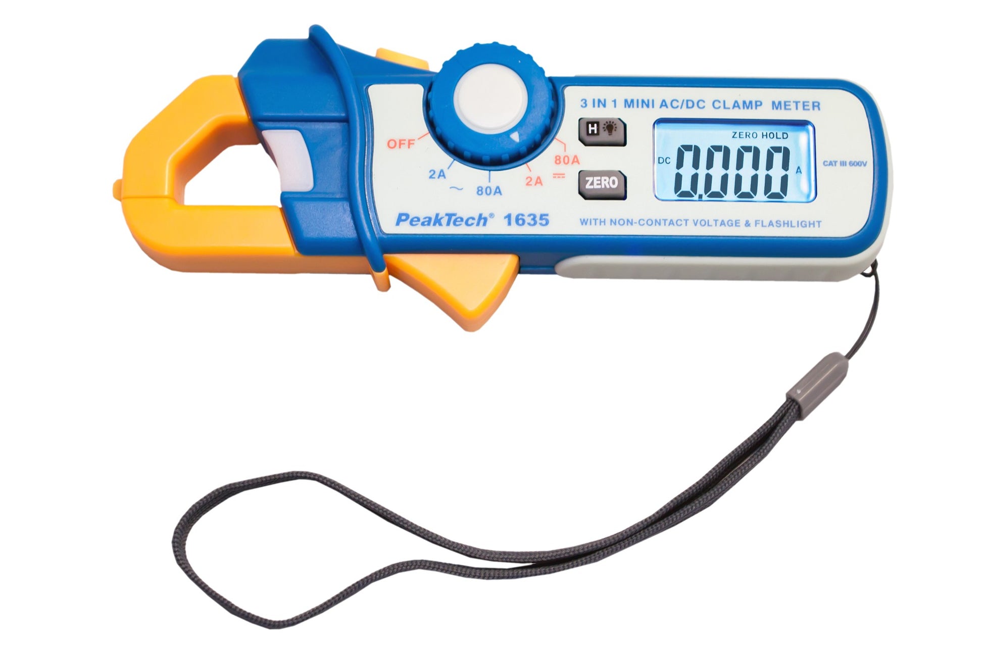 Lækage tangamperemeter max 80A PeakTech 1635 frontbillede med skærm og knapper