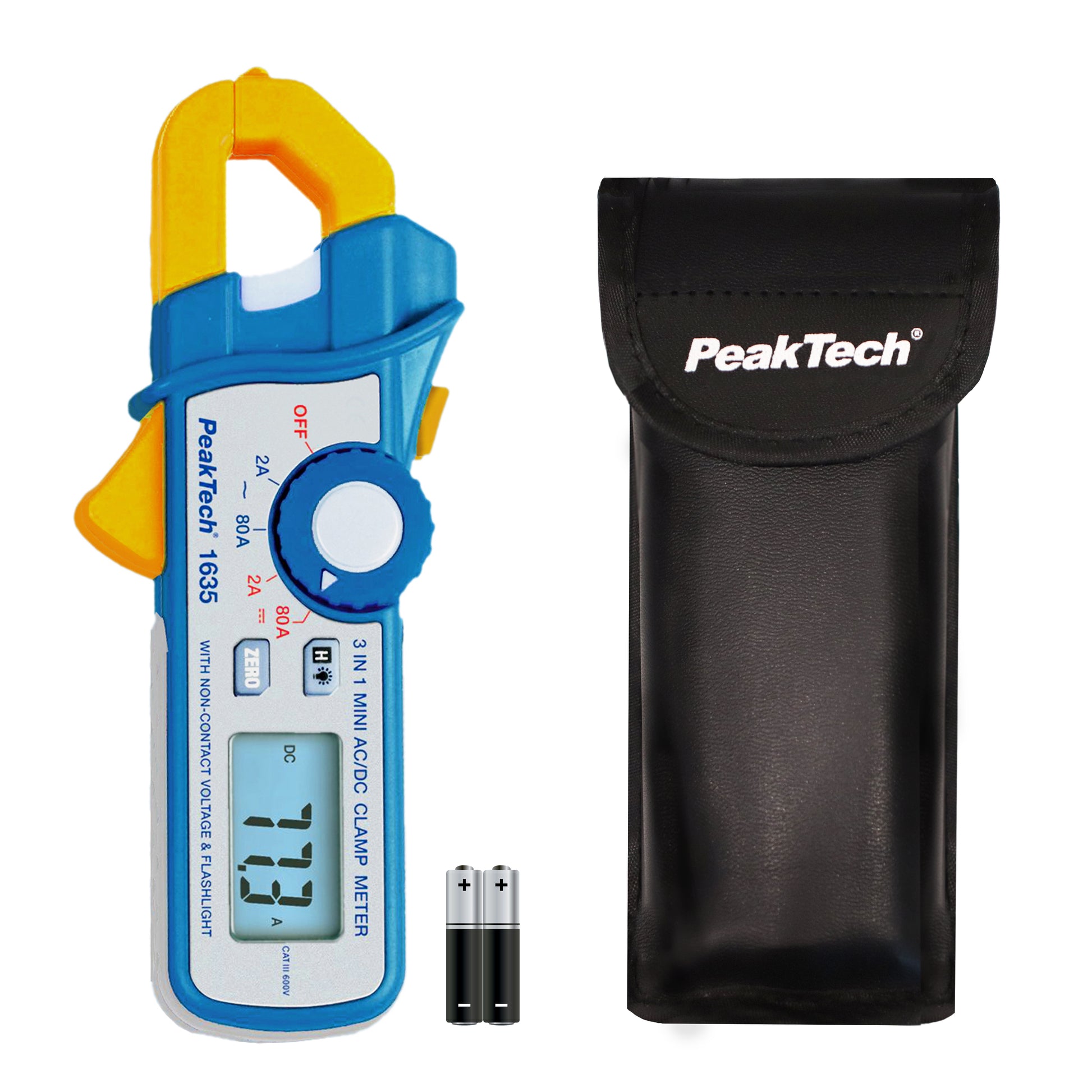 PeakTech 1635 lækage tangamperemeter og et sort etui med to batterier.