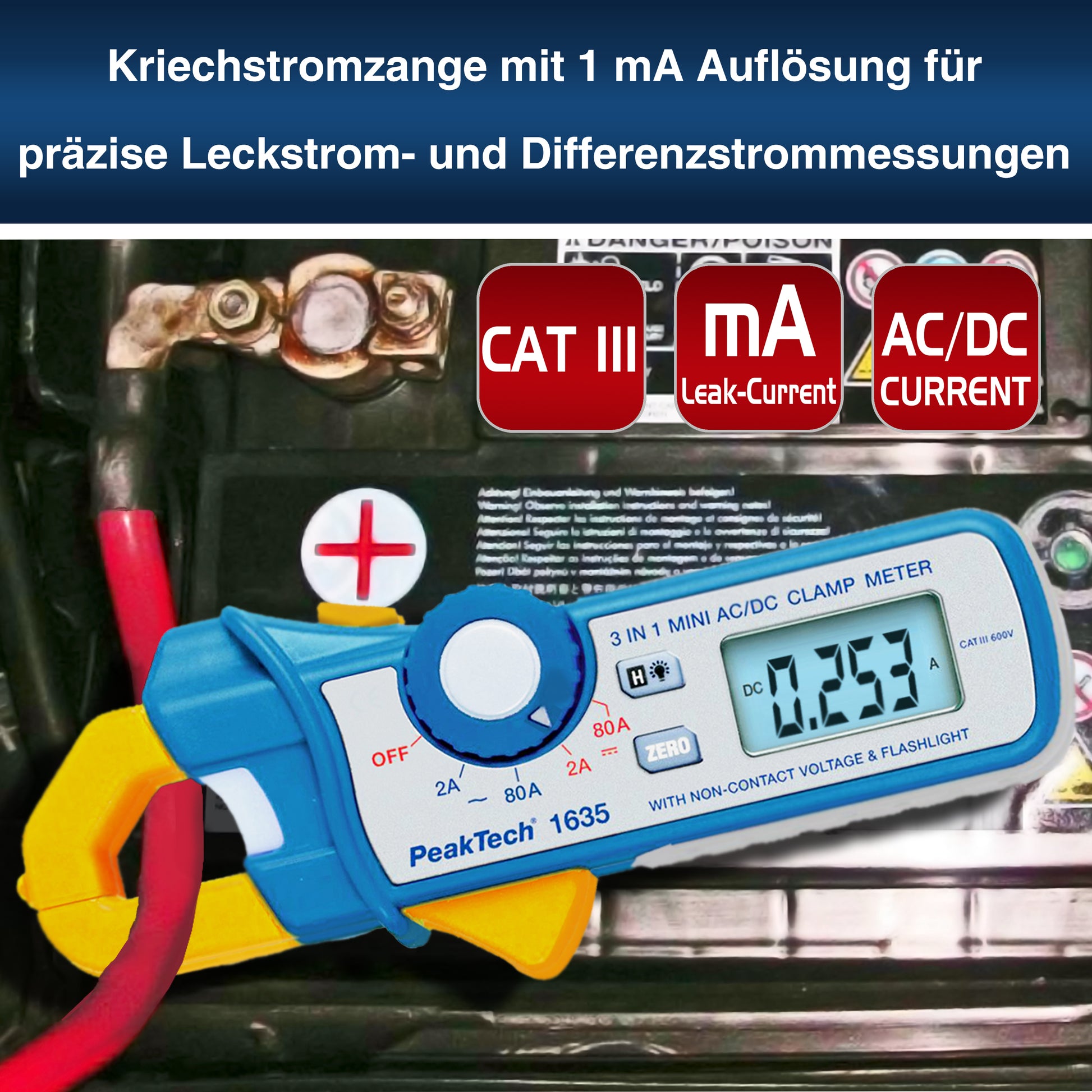 Lækage tangamperemeter PeakTech 1635 måler DC amp, spænding, og lommelygte