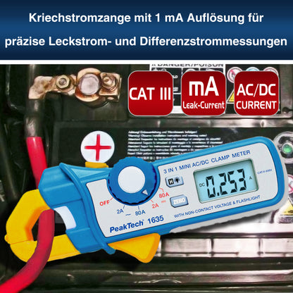 Lækage tangamperemeter PeakTech 1635 måler DC amp, spænding, og lommelygte