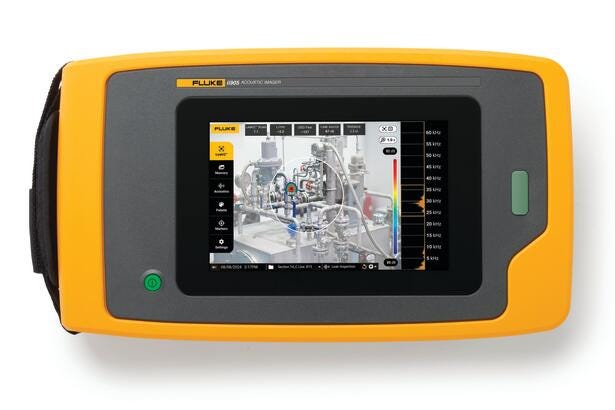 Fluke ii905 Sonic Industrial Imager skærm med lækage detektering og SoundMap visning.