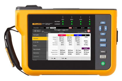 Fluke 1773 Power Quality Analysator skærm, der viser måledata for spænding, strøm og effekt.