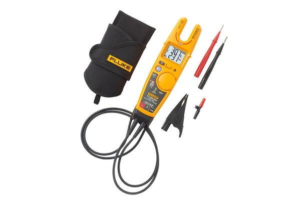 Fluke T6-1000 PRO elektrisk tester med taske og prøveledninger til spænding og strømmåling.