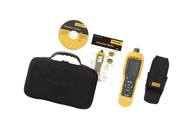 Fluke 805 vibrationsmåler med tilbehør inklusive etui, bælteholder, CD og quick guide.
