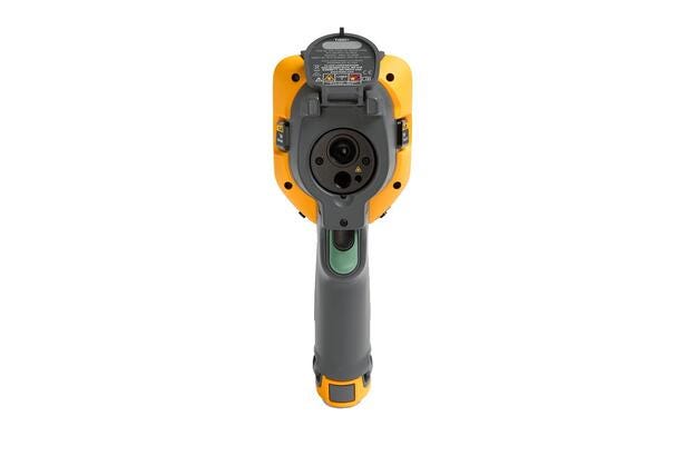 Bagfra visning af Fluke TiS60+ termisk kamera med linse og infrarød detektor.
