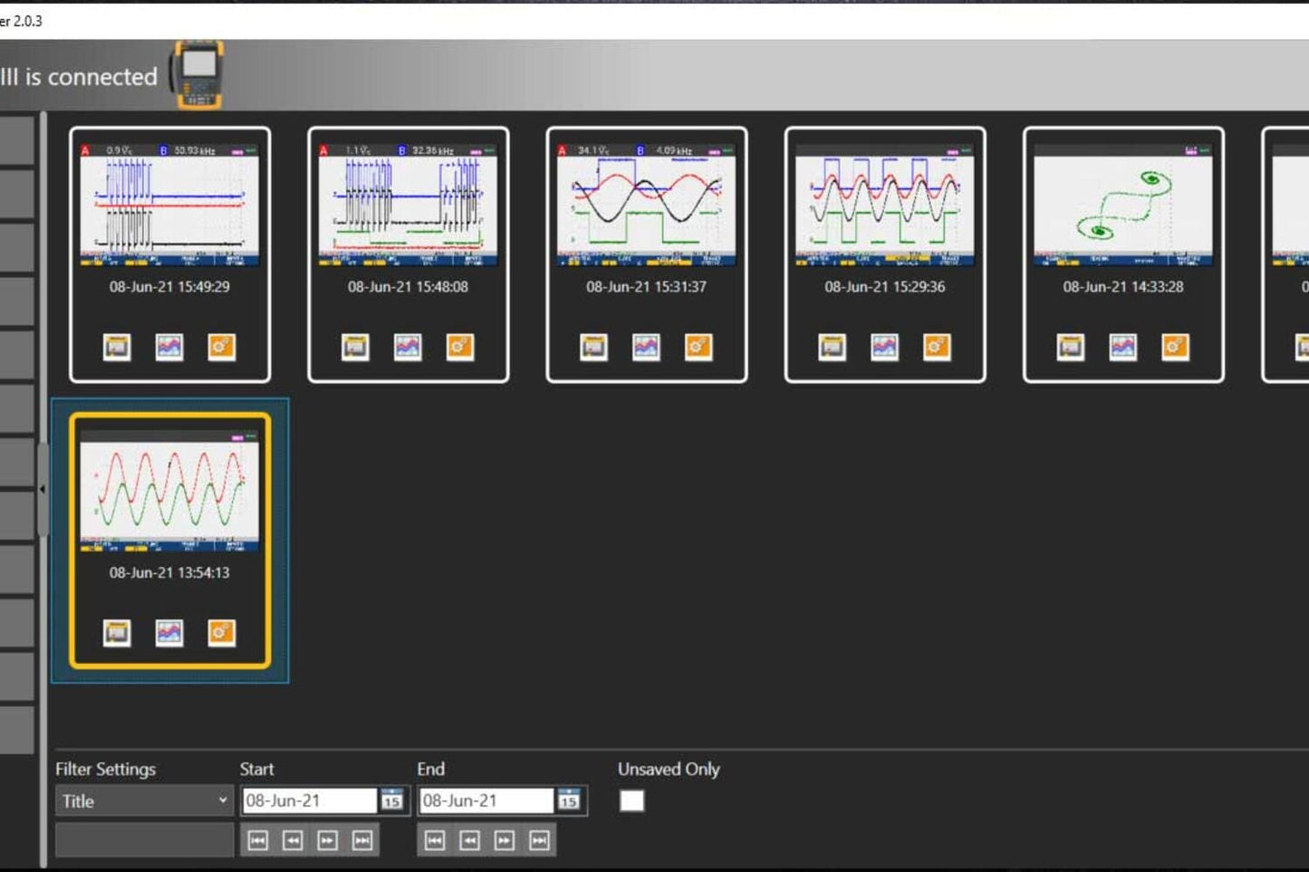 Skærmbillede af Fluke ScopeMeter software med grafer over elektriske signalforløb og måledata.