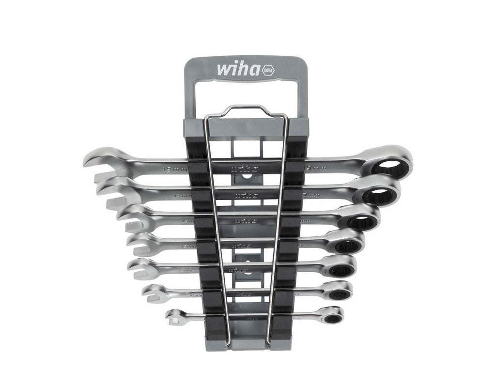 Ratchet/open end wrench set, 8 pieces, including holder