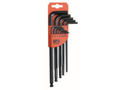 Bahco BE-9785 unbrakonøglesæt med 13 lange imperial nøgler og kuglehoved i orange holder.