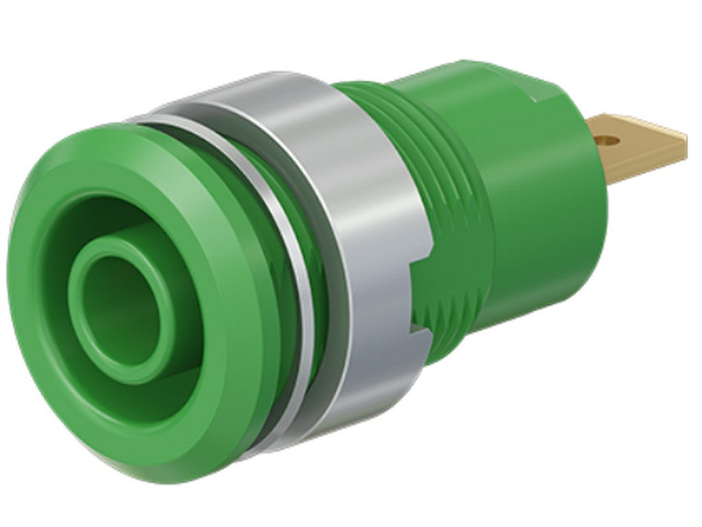 Bøsning SLB4-F forgyldt  grøn CAT III 1000V 24A m/fladstik 4,8x0,8