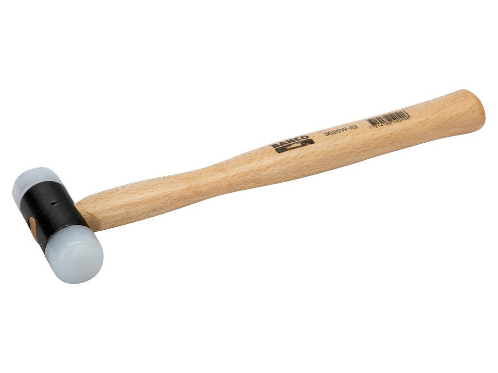 Bahco 3625W-22 hammer med hvide nylonhoveder og ergonomisk træskaft til trykfølsomme materialer.