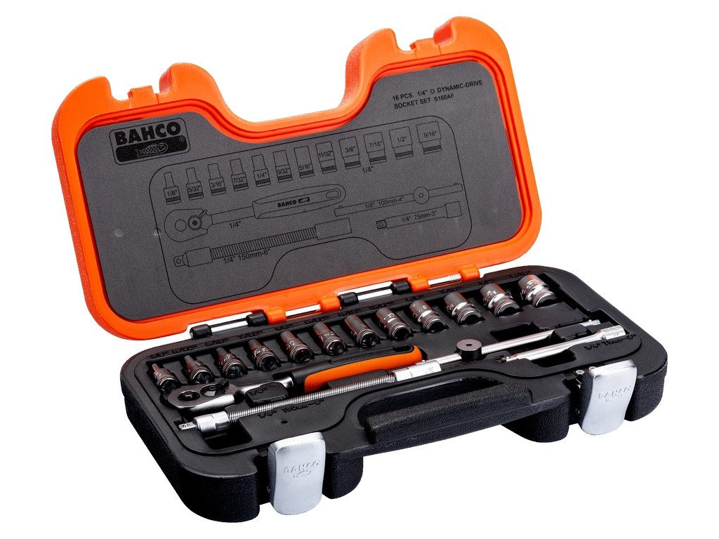 1/4 Socket wrench set with 16 pieces. Empty dimensions.