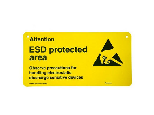 Label  "ESD protected area" 300x150mm med skruehuller
