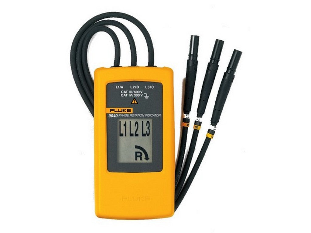 Fasefølgetester Fluke 9040 med tre sorte testprober og kabler