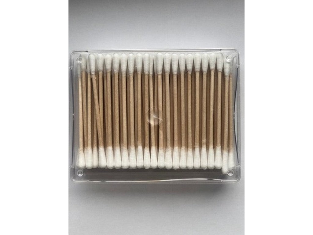 Cotton swabs wood 76mm; plastic box w/100pcs.