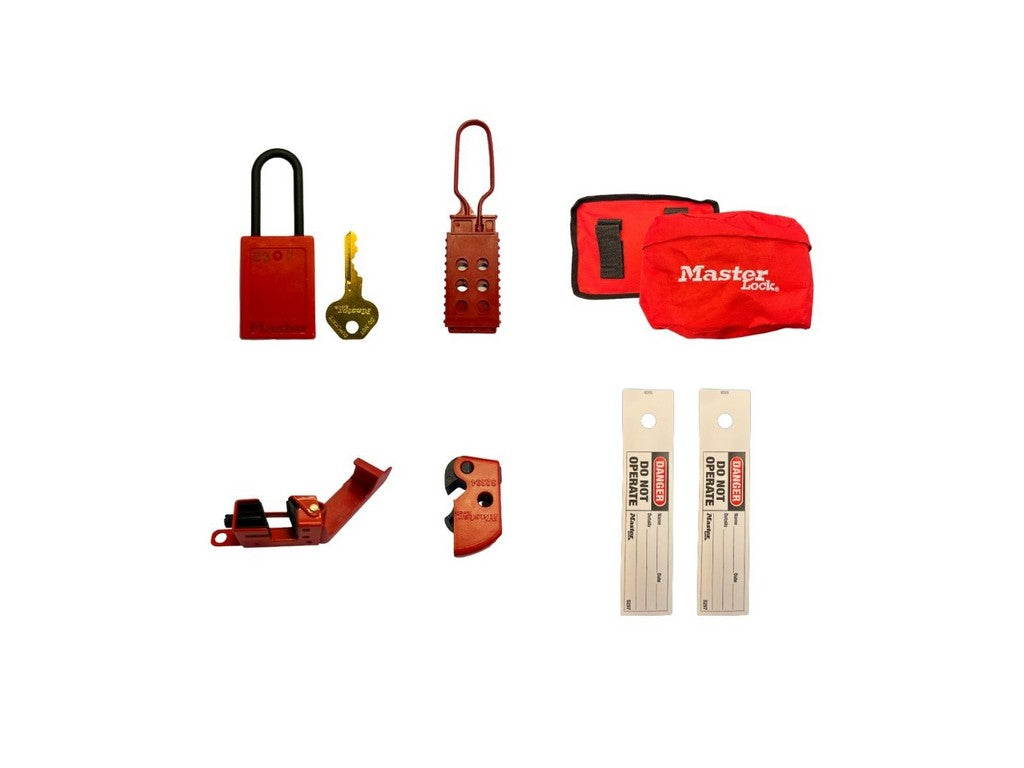 MasterLock Electrician Lock-Out kit with various Lock-Outs, locks etc. in bag.