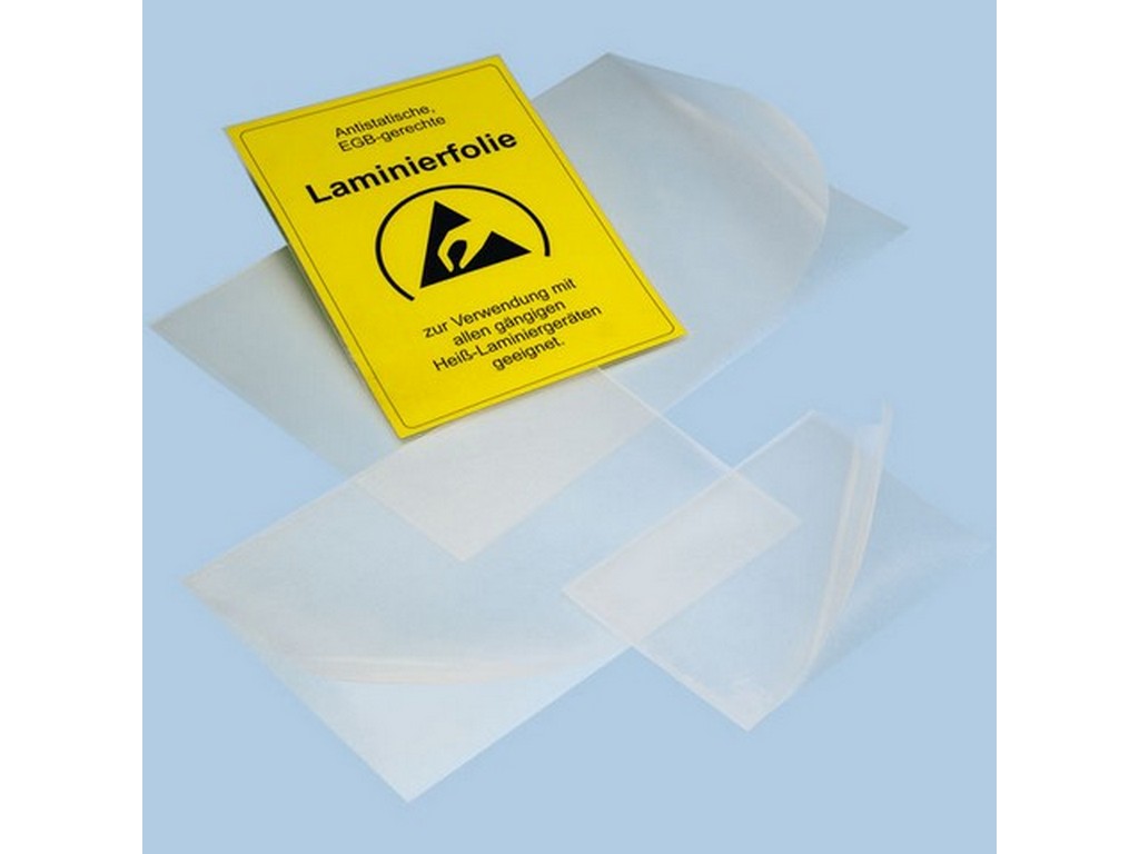 Laminatfolie A4 ESD med gul etiket, antistatisk og egnet til varm laminering