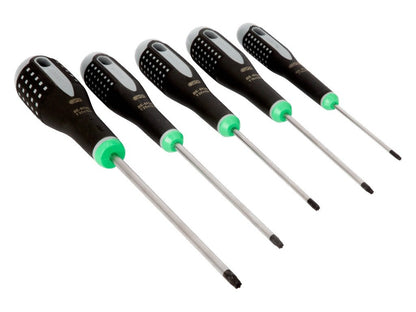 Bahco ERGO TORX skruetrækkersæt BE-9885 med fem dele i forskellige størrelser og ergonomiske håndtag.
