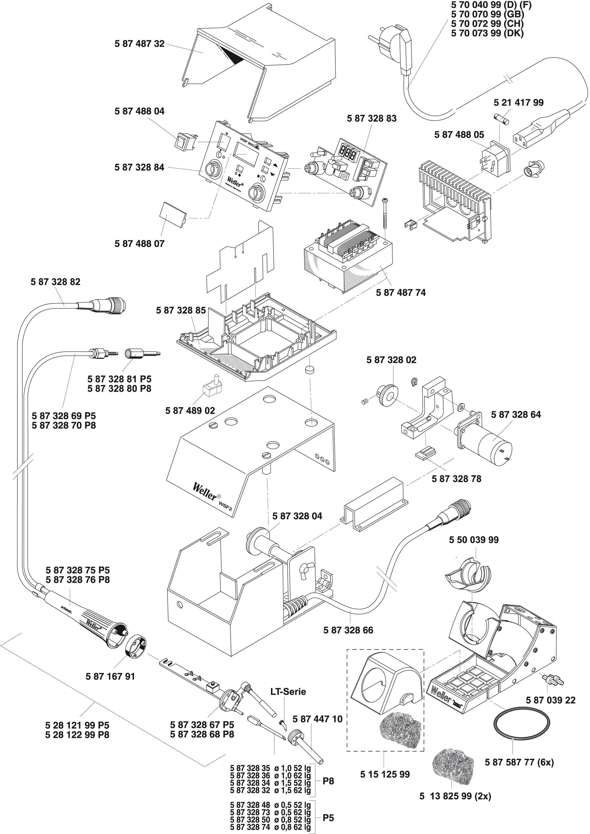 Oversigt over Weller WSFP8 loddekolbe reservedele, exploded view
