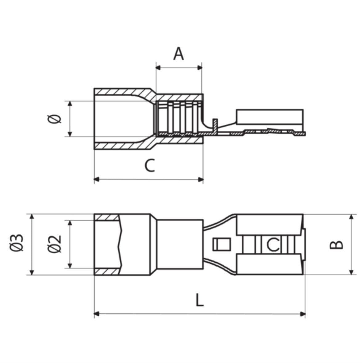 Flat connector insulated red 0.25-1.5mm 2.8x0.5mm