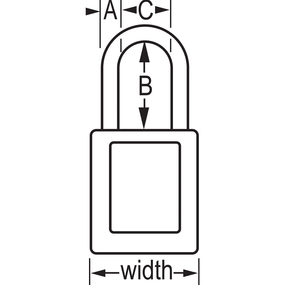 MasterLock Zenex hængelås teknisk skitse med dimensioner A, B, C og bredde