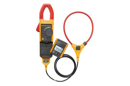 Fluke 381 tangamperemeter med aftageligt display og iFlex fleksibel strømprobe på hvid baggrund.