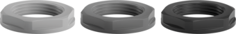 Møtrik M20 i polyamid med krave, set i forskellige grå nuancer