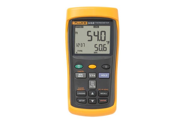 Fluke 54 II B digitalt tokanals termometer med datalogning og tydeligt digitalt display.