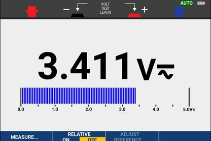 Nærbillede af farveskærmen på en Fluke 190-062-III ScopeMeter der viser en måling på 3.411V.